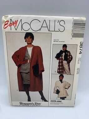 McCall's Misses Coat Jacket Sewing Pattern Size 10 12 3874 - uncut 1980s